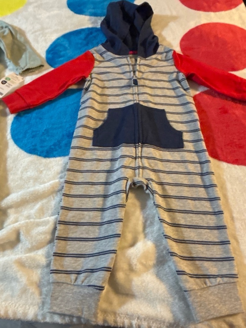 Carter's Navy Hooded One-Piece with Red Sleeves and Gray Stripes